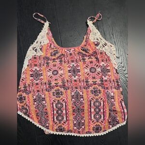 Pink Floral Print Crochet-Trim Camisole Tank